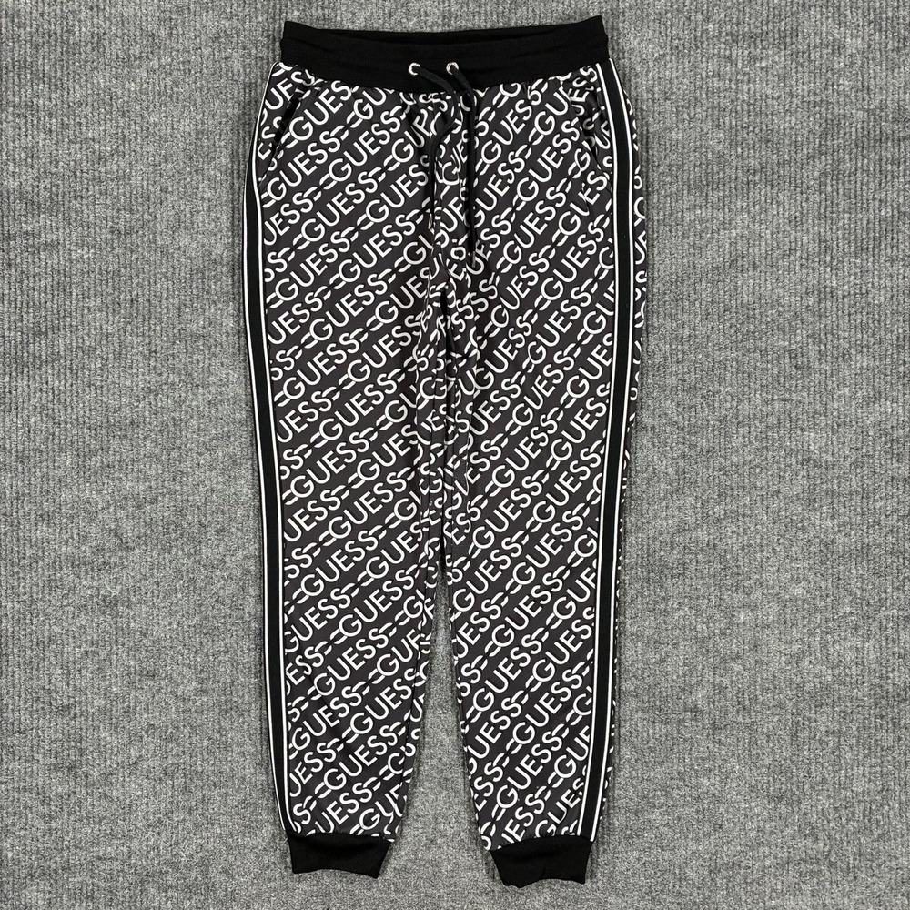 GUESS Jogger Pants Mens M Black Logo Print Elastic Waist Side Stripe Stretch
